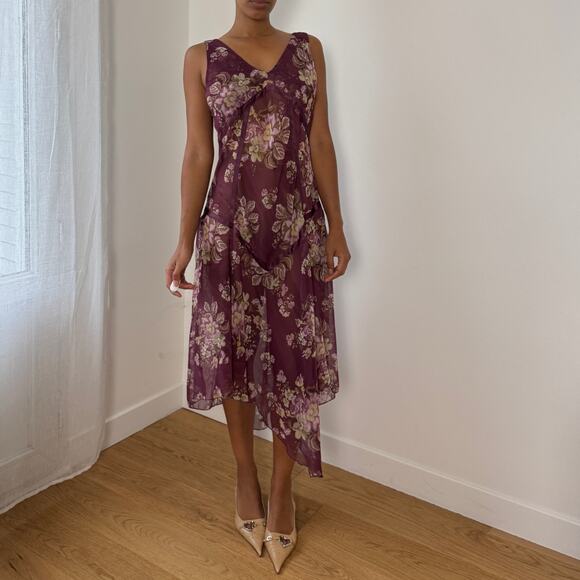 Italian Vintage Semi-Sheer Chiffon Bias-Cut Floral Midi Dress (M/L) - Picture 6 of 9